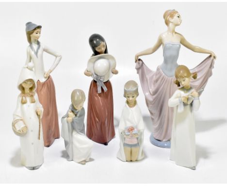 LLADRO; five figures including a dancing girl wearing a tiara and flowing dress, height 32cm, also a Nao figure of a maiden w