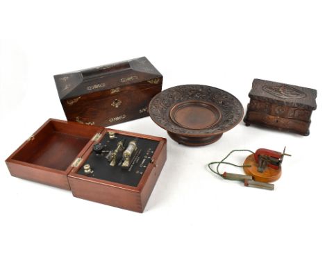 SIEMENS BROTHERS & CO; a vintage wireless set with BBC label, a Black Forest carved dish with musical base, diameter 27cm, wi