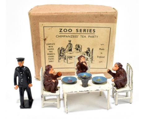 ZOO SERIES; a diecast Chimpanzee's Tea Party comprising three chimps, keeper, three plates, three chairs, table and bucket, i