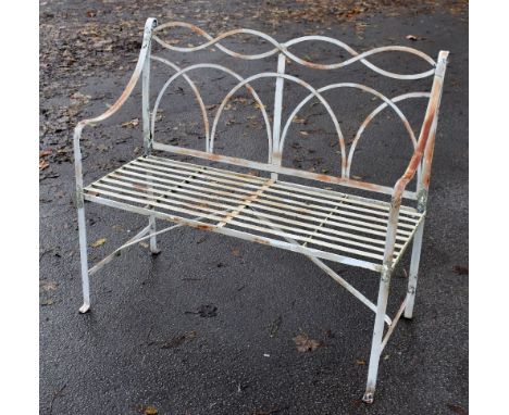 A modern white painted metal garden bench, width 102cm, depth 48cm, height 90cm.Additional InformationWeathered appearance th