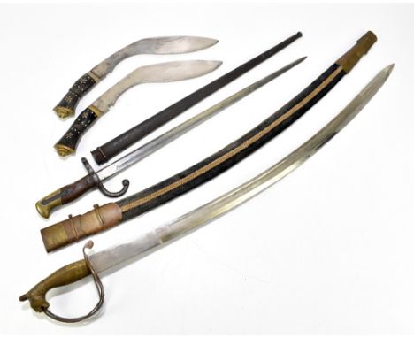 A French chassepot bayonet and scabbard, together with an Indian cavalry sword and two kukri knives (4).