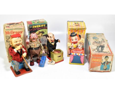 Three boxed Japanese battery operated toys comprising 'McGregor' by Rosko Toys, 'The Sherriff' by San, and 'Happy the Clown' 