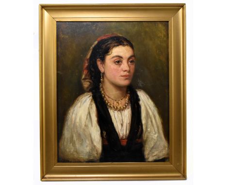 MANNER OF EDWARD JOHN GREGORY; oil on artist's board, portrait of a maiden, signed lower left and dated 1877, 41.5cm x 34cm, 