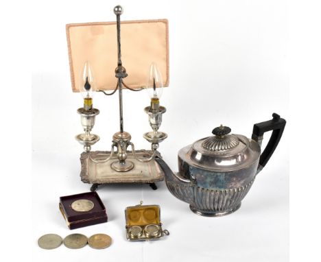 A small collection of assorted silver plate including a teapot with gadrooned decoration, a chamber stick (converted to elect