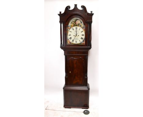 A mid-19th century mahogany longcase clock, the arched painted dial inscribed 'J. Hulme, Stretford' above short door to plint