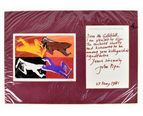 JOHN PIPER; a hand written letter to Mr Goldblatt dated 27 May 1981 and mounted beside a print after the artist, overall 30 x