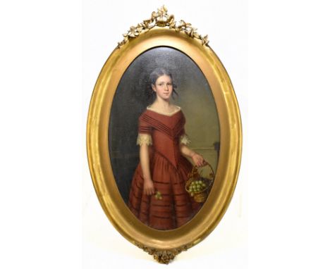 19TH CENTURY ENGLISH SCHOOL; oil on canvas, portrait of Margaret Gilchrist holding a basket of grapes, unsigned, 56 x 34cm, f