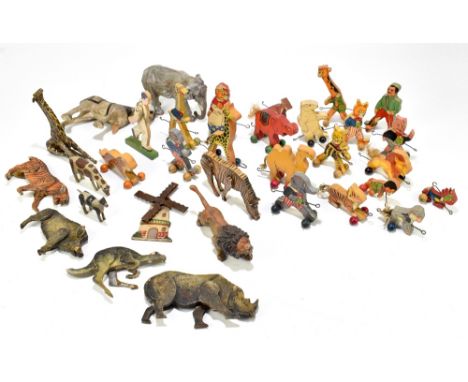 An assortment of vintage and later wooden toys including figures, animals and andromorphic figures. PROVENANCE: The Collectio