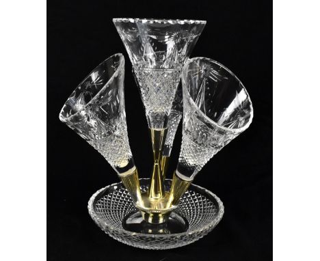 STUART CRYSTAL; a cut glass four branch epergne with gilt metal mounts, height 33cm.Additional InformationOne of the branches