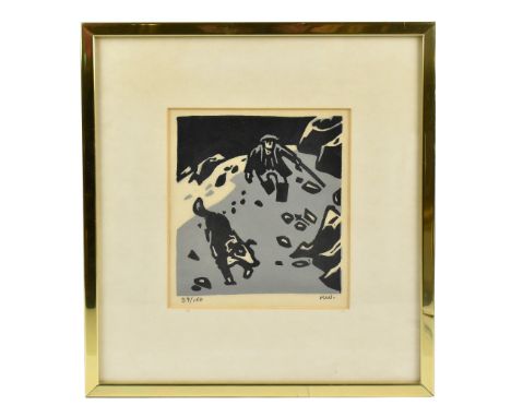 SIR KYFFIN WILLIAMS RA (1918-2006); limited edition colour print, farmer and his dog, initialled KW, 39/150 in pencil, 18.5 x