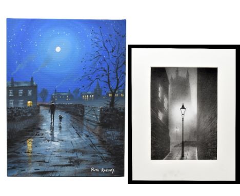 PETER RUMNEY; oil on canvas, man and dog on a country lane at night, signed lower right, 40cm x 30cm, unframed; with a limite