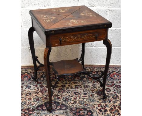 An Edwardian rosewood envelope card table, with ivory inalid floral and scrolling detail, drawer, on cabriole legs, height 75