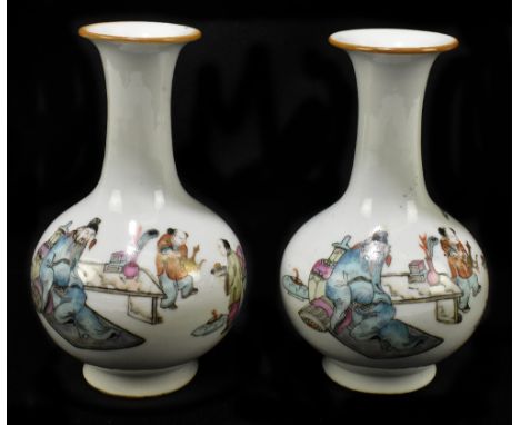 A pair of late 19th century Chinese porcelain bulbous vases with flared necks, each decorated with figures and objects, heigh