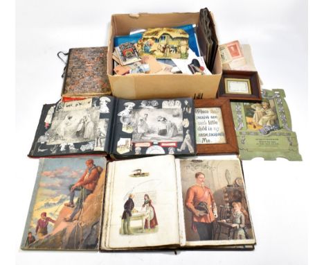 Two Victorian scrap books, with an oak framed print of children, an early 19th century rosewood framed text panel titled ‘The