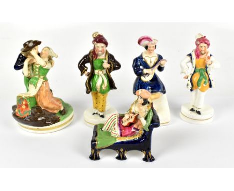 Five 19th century ceramic figures including a Staffordshire example of a Scot seated playing a lute, height 17cm, a further f