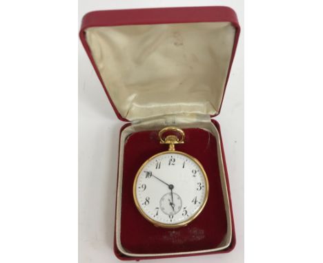 An 18 carat gold cased open face pocket watch, the white enamel dial set with Arabic numerals and secondary dial, bearing un-
