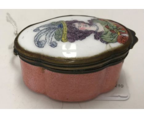 A 19th Century Staffordshire Bilston enamel lidded box decorated with a portrait of a courtesan wearing a plumed headdress wi