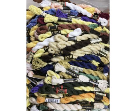 A box containing a large quantity of unused Anchor &amp; DMC coton perle, metallic pearl and multi-colour pearl cottons (over