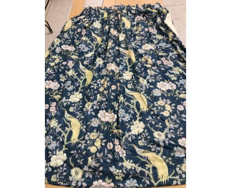 Two pairs of glazed cotton floral curtains with stylised birds of paradise, with a teal ground and pink and green decoration,