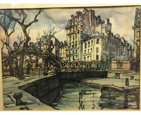 ALBERT BECUS "Continental river landscape with bridge and buildings", pen and watercolour, signed lower right, 26 cm x 36 cm,