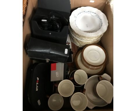 A box containing various binoculars, a Poole Pottery part tea service and a collection of Spode soup bowls with transfer deco