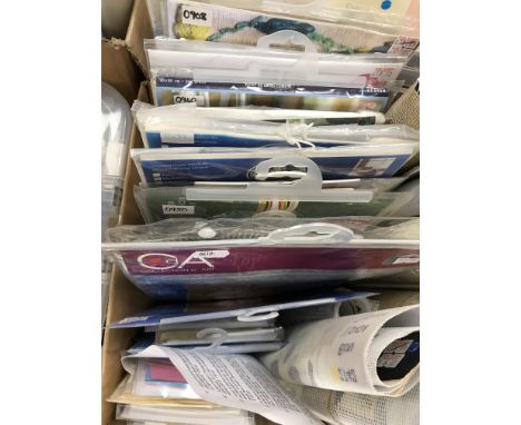 A box containing unused cross-stitch kits (19), printed tapestry canvases and tapestry kits (5) CONDITION REPORTS The cross-s