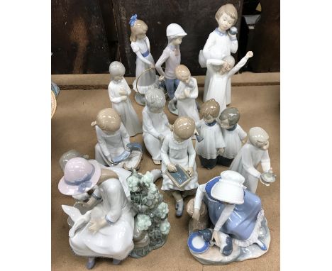 A collection of fourteen various Nao by Lladro figures various, tallest 21 cm, shortest 12 cm
