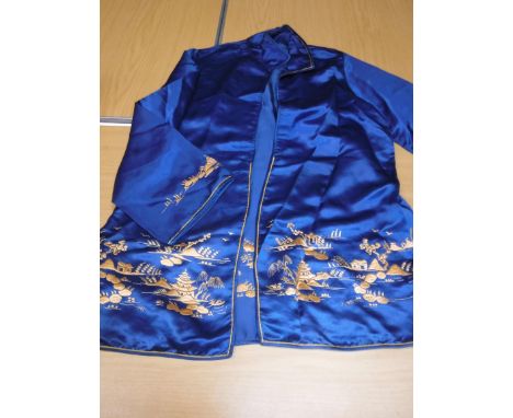 A set of vintage Chinese silk pyjamas in blue and gold, comprising trousers and tank top, together with a similar jacket in b
