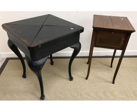 An Edwardian ebonised envelope card table, the top opening to reveal a felt interior with counter holders, above a single dra