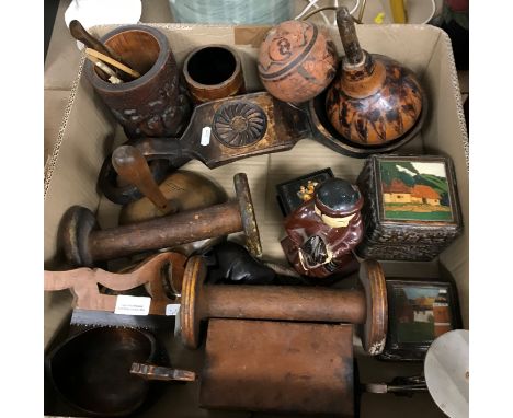 A box containing a collection of various treen ware including two Continental carved and painted treen ware boxes, two pen wo
