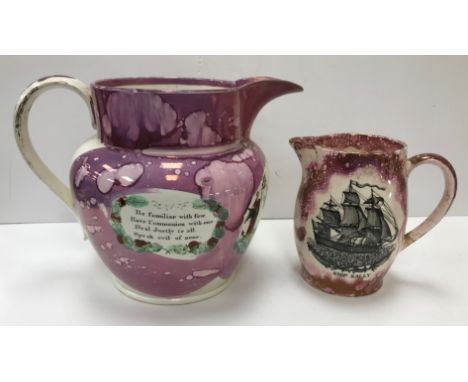 A collection of various pottery to include a Sunderland lustre jug with Masonic decorated front panel and side panels inscrib