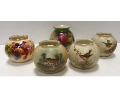 A Royal Worcester vase of wrythen globular form decorated with blackberries and blossom by K Blake 6.5 cm high together with 