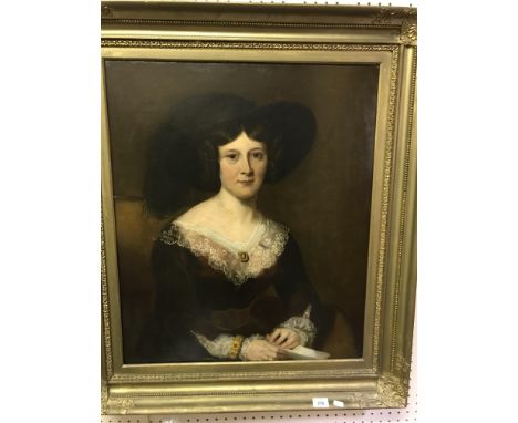 E HASLING "Elizabeth Dunn nee Merrishaw", a lady seated in feathered hat and leather trimmed dress with letter in her hand, p