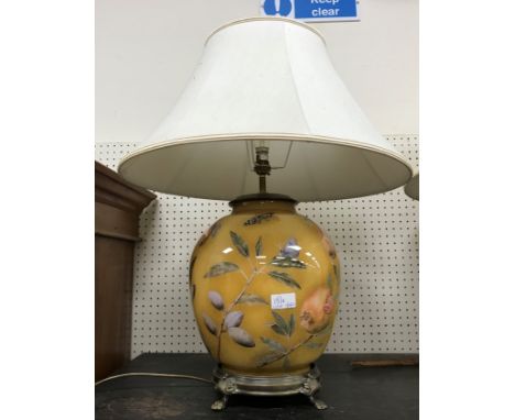 A pair of modern glass table lamps with reverse painting style decoration of fruit and cream shades and a pair of crocodile s