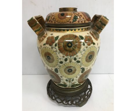 A circa 1900 Zsolnay Pecs pottery ware vase oil lamp with matching glass based floral decorated reservoir and Hinks and Sons 