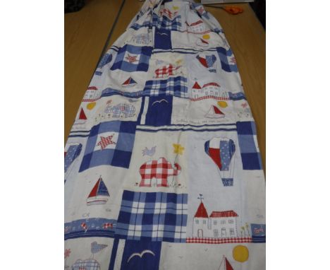 One pair of cotton linen weave cream background curtains with red and blue folk designs and captions with blackout lining and