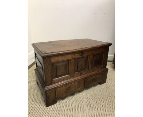 An 18th Century Welsh oak coffer bach, the single piece top with moulded edge above three fielded panels over two drawers wit