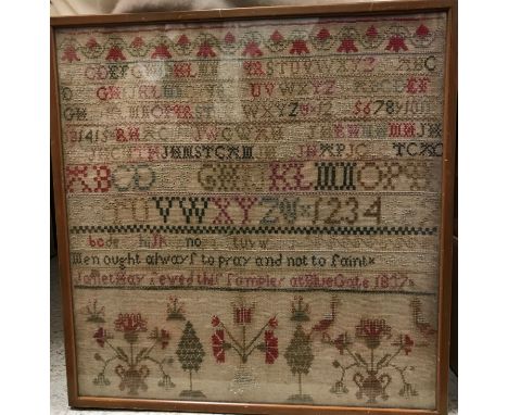 A Victorian needlework sampler with script by Janet May, inscribed "Janet May sewed this sampler at Blue gate 1837", 42 cm x 