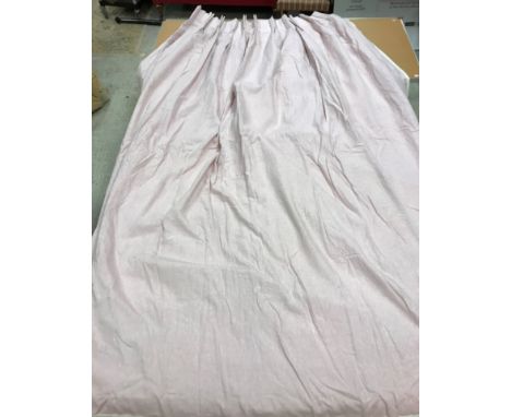 Two pairs of linen weave pink and cream edged blackout interlined curtains with fixed double pencil pleat headings, one pair 