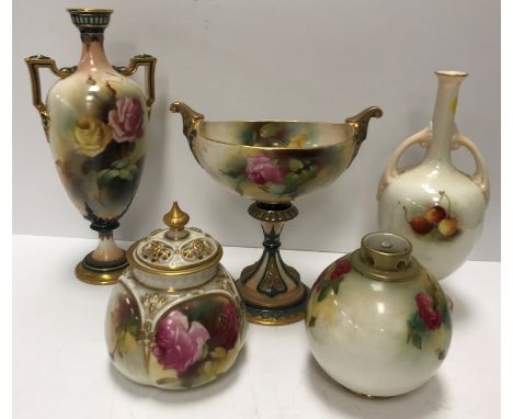 A Royal Worcester squash form pot pourri vase with relief work decoration and painted panels of roses and pierced cover, date