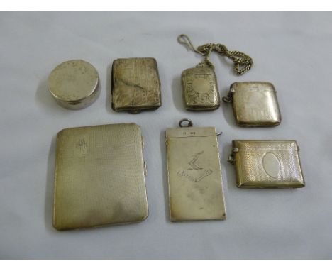 A quantity of silver to include three vesta cases, a card case, a pill box, a cigarette case and a stamp holder