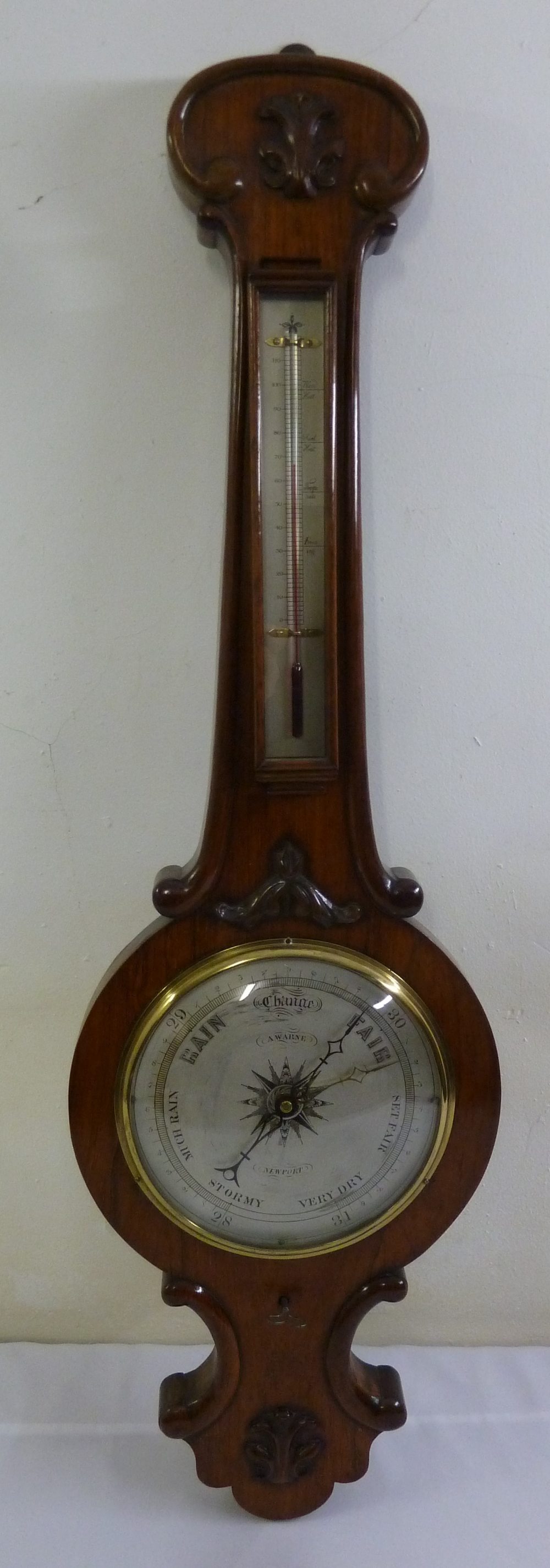 C.A. Warne of Newport mahogany cased banjo barometer with thermometer