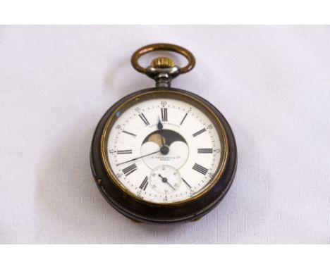 German double sided pocket watch circa 1850, gun metal case, enamel dial with phases of the moon and calendar ring on reverse