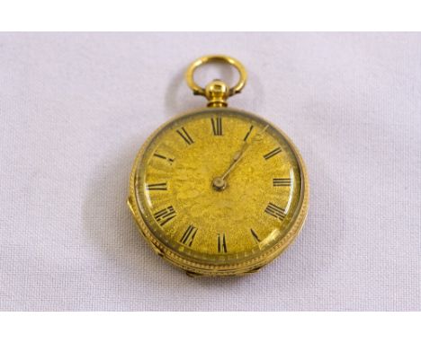 18ct yellow gold open face pocket watch, circa 1900, enamel dial, with detailed engraved reverse and key wind