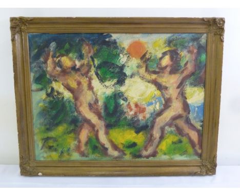 Fredrich Feigl framed gouache on panel contemporary painting of nudes playing titled Apollo and Daphne, signed bottom left, 6