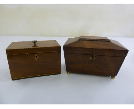 A Regency rosewood tea caddy sarcophagus form and a rectangular late 19th century mahogany tea caddy