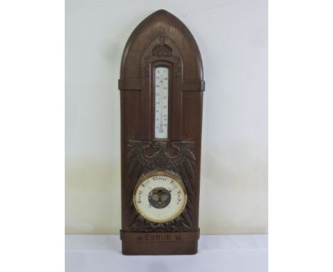 An early 20th century Continental wall barometer and thermometer dated 1914