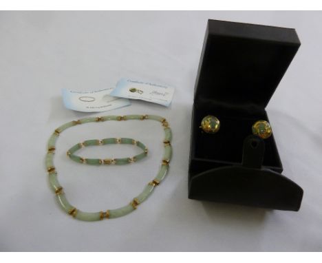 9ct gold and jade jewellery to include a necklace, a bracelet and a pair of earrings, approx weight of gold 9.7g