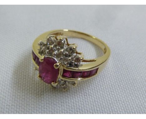 14ct yellow gold, diamond and ruby cluster ring, approx total weight 4.4g