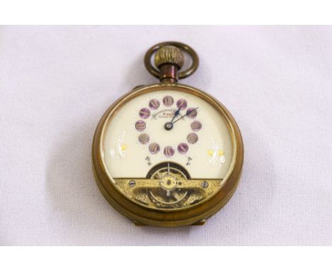Gold plated open face pocket watch circa 1900, enamel dial with visible balance